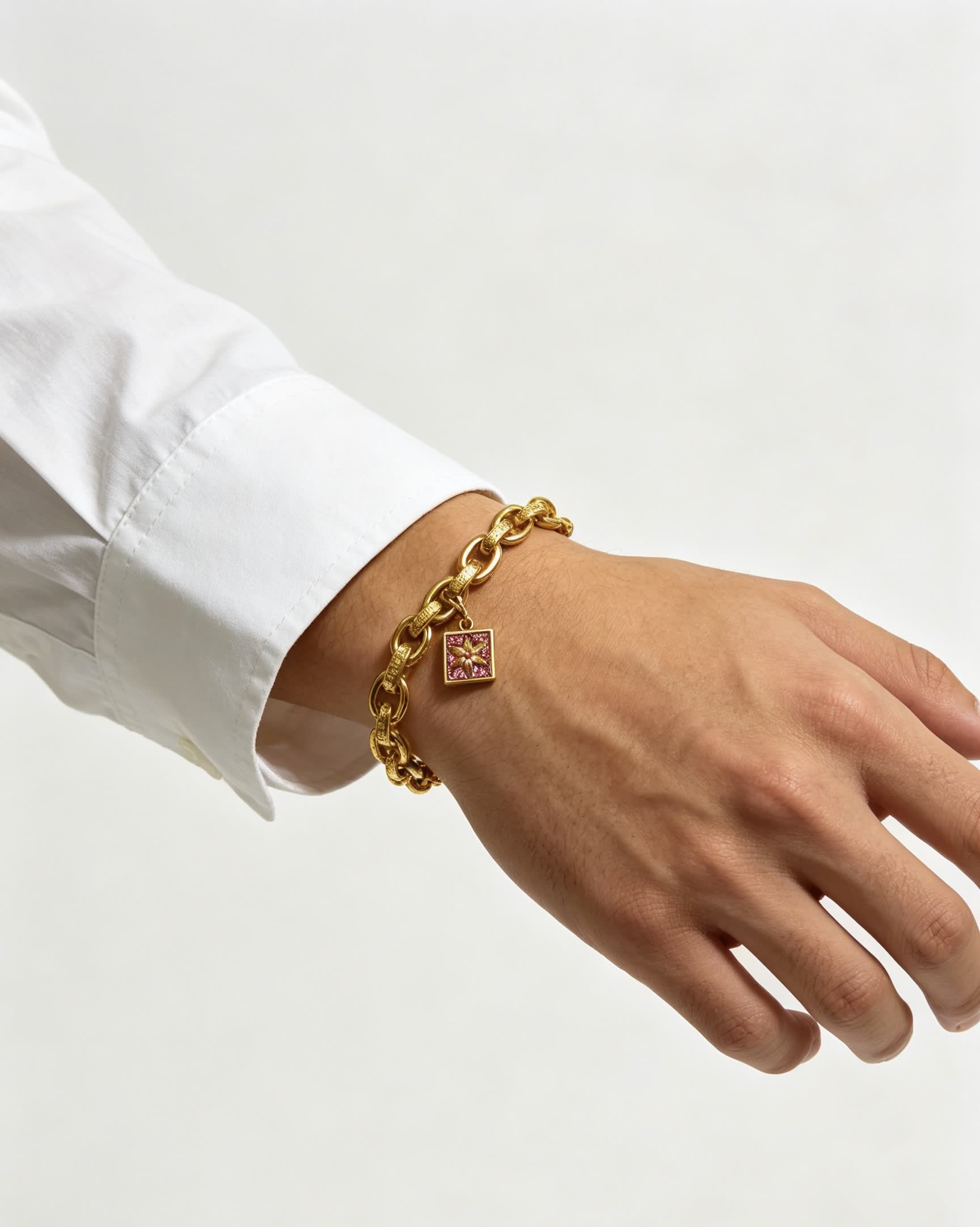 Chrome Hearts Gold Tone Bracelet with Pink Crystal Charm